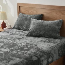 Velvet Fitted Sheet and Pillowcases Set, Luxury Soft Fuzzy Bottom Queen Grey