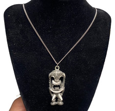 Vintage International Pewter Tiki Pendant Necklace Very Lucky Made in USA