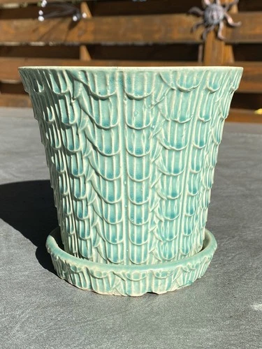 Vintage 1940s NM Nelson McCoy Pottery  Pot Saucer Aqua Glaze Fish Scale Planter
