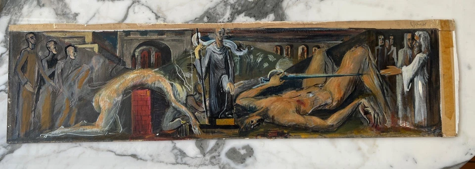 Gay Gertrude Youse (1927-1994) MCM Allegorical WPA Era Mural Study Oil on Board - Image 2 of 4