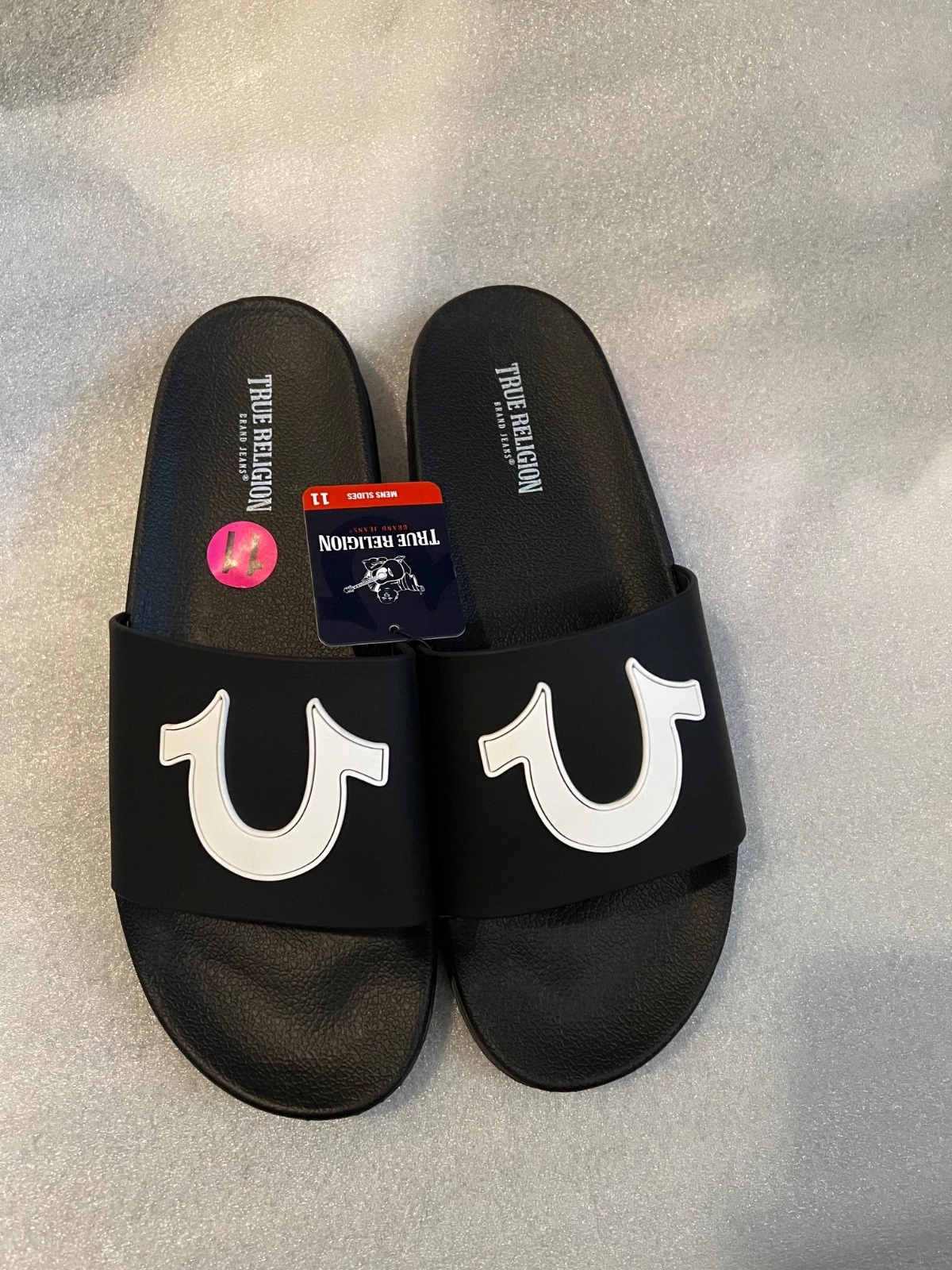 True Religion Men'sTR-112-S Black & White Logo Slide Sandals Lightweight Size 11