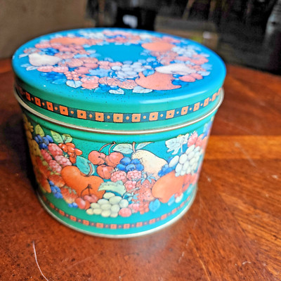 Hallmark Cards Colorful Fruit Round Green Tin Storage Canister Counter Decor