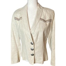 Vintage Pure West Women's Linen Country Western Ivory Tan Studded Blazer Size M