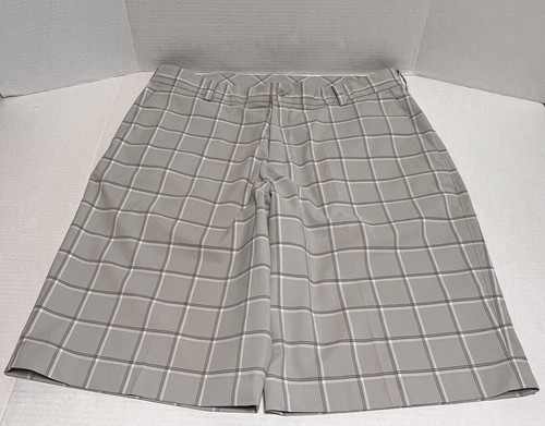 Nike Golf Shorts Mens Size 34 Light Gray Plaid Flat Front Zipper Pockets Belted - Picture 2 of 10