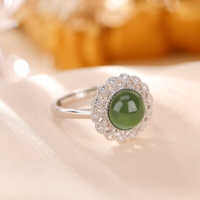 Argento Anello A Punta Anello Con Motivo A Punta In Giada Verde In