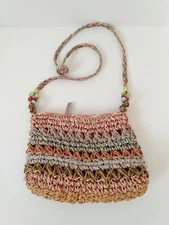 Sun N Sand Pink Blue White Crochet Knit Bead Knot Rope Zip Women's Shoulder Bag
