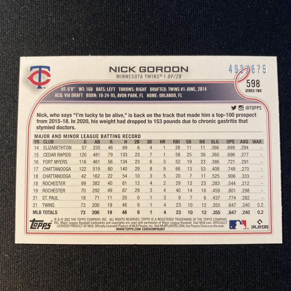 2022 Topps Nick Gordon FOILBOARD /875 Comp lete Set Minnesota Twins - Image 2 of 3