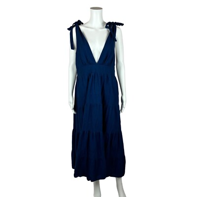 knee length dresses for ladies Hyacinth House Blue Linen Floral Open Back Lawson Bustier Maxi Dress Blue Linen Floral / M