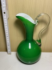Vintage Empoli Emerald Green Cased White Blown Glass Pitcher Glass Vase