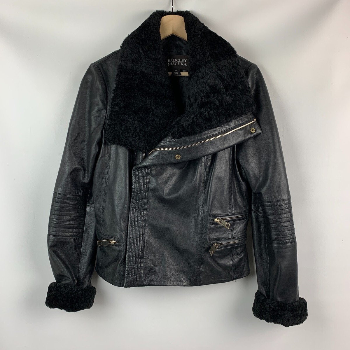 Faux Leather Badgley Mischka Lamb Leather Biker Jacket Badgley Mischka Moto  Jacket Black Leather Lamb Fur Collar/Cuff Zip Pockets Sz M
