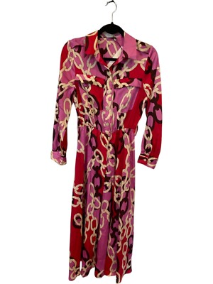 2️⃣点 Zara Womens Dress Shirt Dress Chain Print XS Pink Midi Long Sleeve