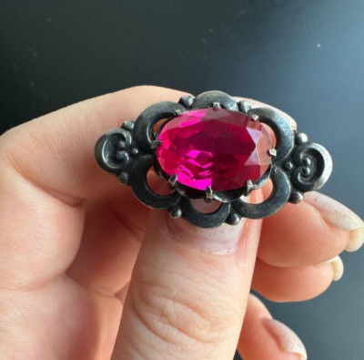 Vintage Silver Brooch 875 Soviet Union Safety Brooch Pin USSR Red Stone Ruby
