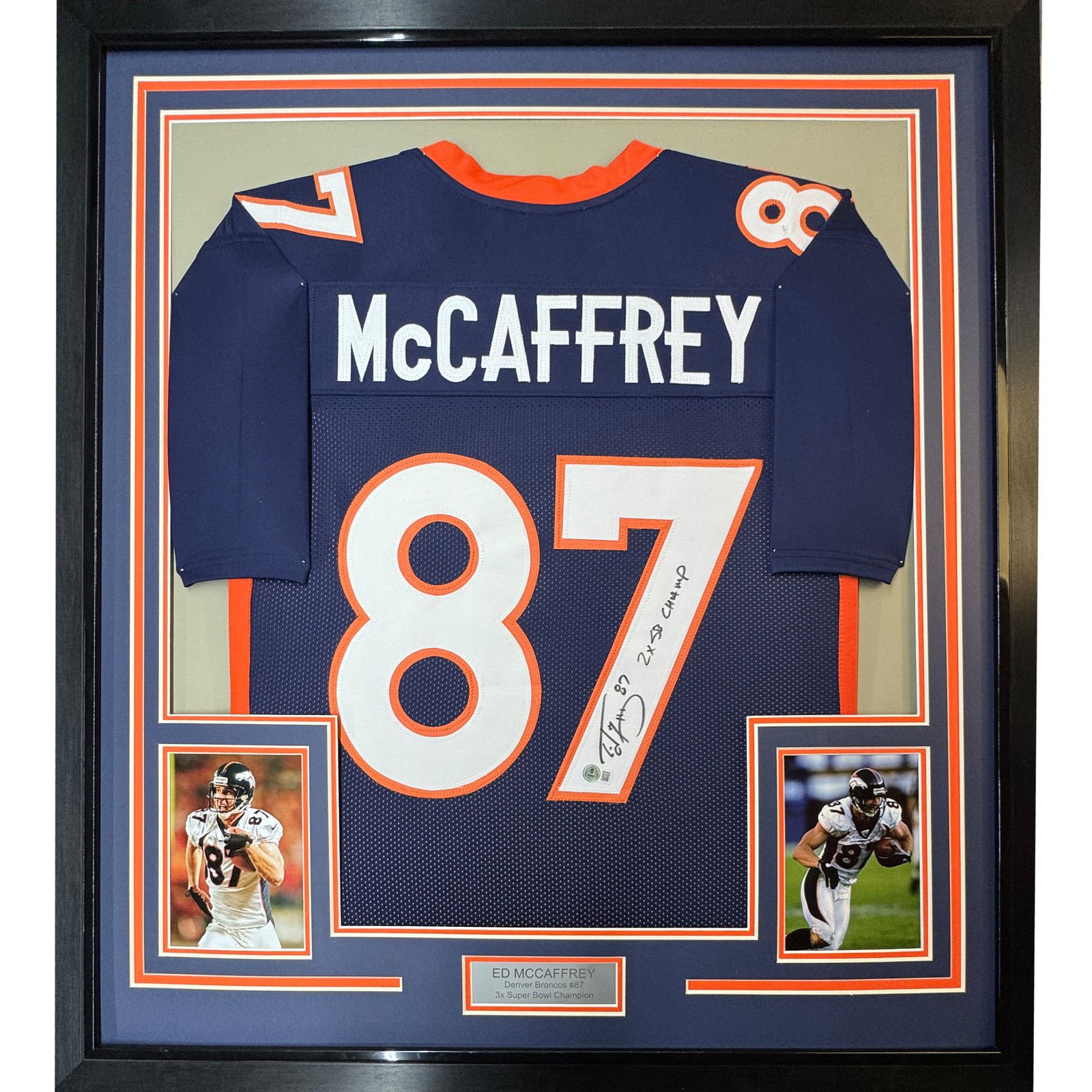 Framed Autographed/Signed Ed McCaffrey 35x39 2x SB Champs Blue Jersey BAS COA