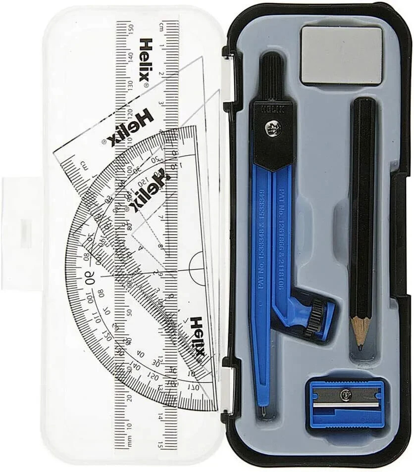 HELIX COMPACT MATHS GEOMETRY SET Compass Ruler Protractor Sharpener ...