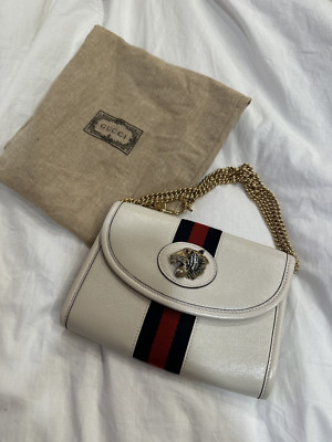 GUCCI  Textured Calfskin Web Mini Rajah Slim Flap Shoulder Bag Mystic White