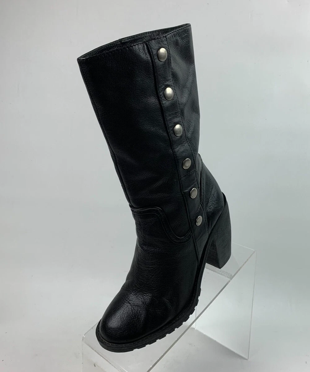 Me Too Rocker Boots Black Leather Mid Calf Stud Design Zip Block Heel Size 6M