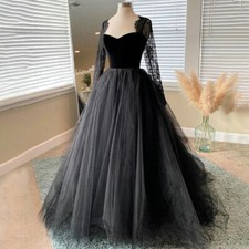 Black Gothic Wedding Dresses V-neck Long Sleeves Transparent Lace A-line Gowns