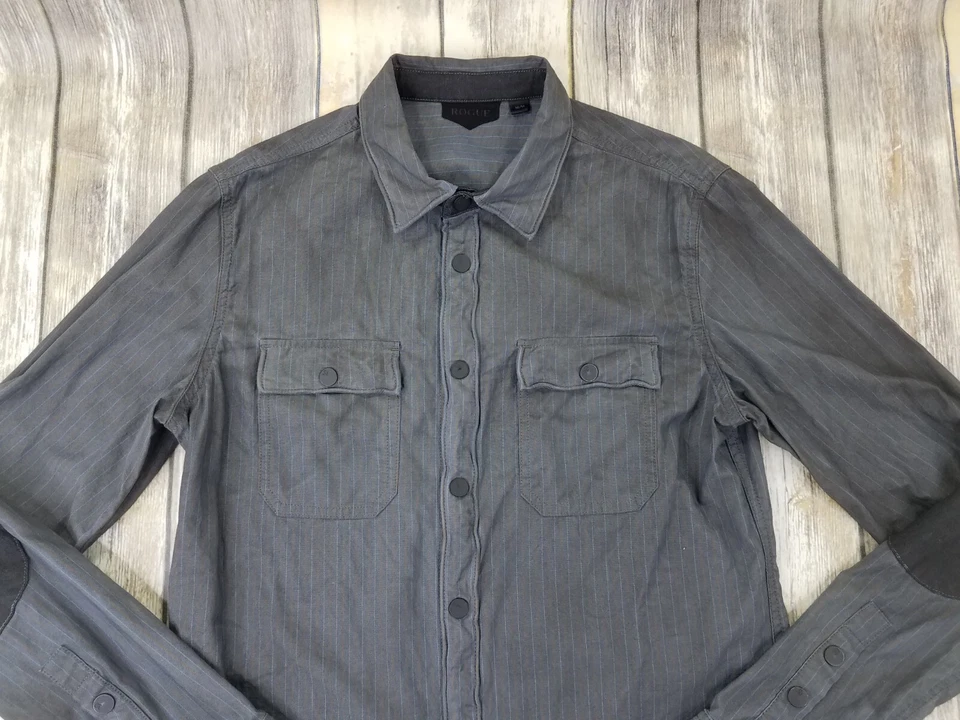 Rogue Button Snap Down Biker Shirt Elbow Patches Mens Size M Gray Striped Preppy - Image 2 of 4
