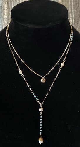 ADORNIA 17”-19” 14k GP TURQUOISE BEADED LAYERED FRESHWATER PEARL NECKLESS - Picture 2 of 4