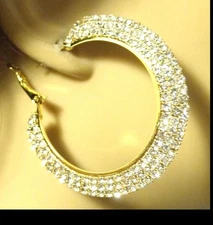 2.5 IN HOOP EARRINGS TRIPLE PAVE CRYSTAL EARRINGS RHINESTONE SILVER OR GOLD TONE