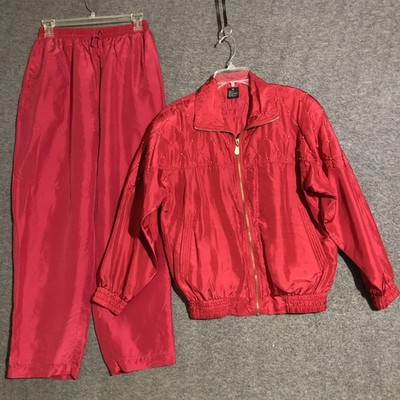Vintage FU DA Sport Tracksuit Womens S Red 100% Silk Beaded Jacket Pants 90s