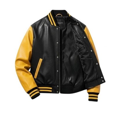 Mens Baseball Style Black and Yellow Varsity Bomber Jacket Genuine Leather Biker