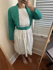 Vintage California Girl White Green Dot Print Belted Dress Cropped Jacket Cotton