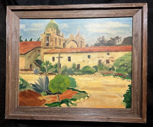 Original Old Antique Oil Painting Southwestern Landscape Spanish Mission Church - Picture 2 of 24