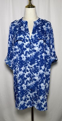 Calvin Klein Women Blouse Shirt Top 2X Roll Tab Sleeve Button Watercolor Blue