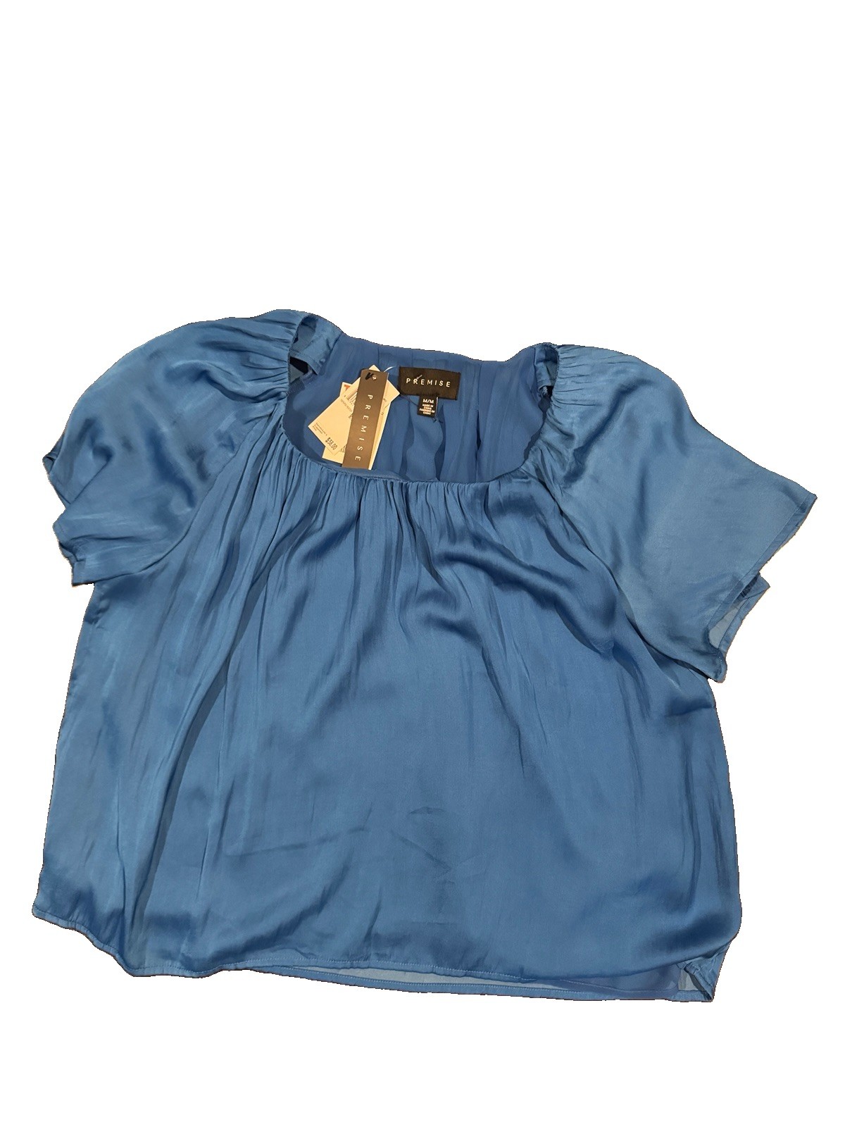Premise Women's Blue Solid Scoop Neck Flutter Sleeve Chiffon Blouse Top M