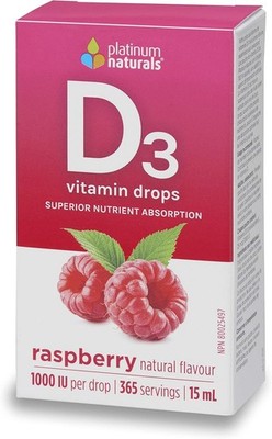 Platinum Naturals D3 Drops for Adults Raspberry Flavored 1000IU 15ml NEW