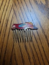 Vintage Cloisonne Enamel Parrot Hair Comb Brass Blue Red White