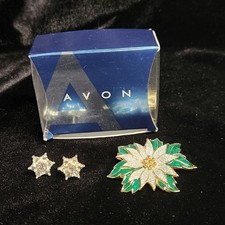 Convertible Avon Rhinestone Snowflake Stud Earrings Poinsettia Brooch Christmas
