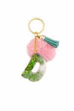 Resin Letter D Key Chain with Pink Pom Pom Green Tassel Trendy Alphabet Accent