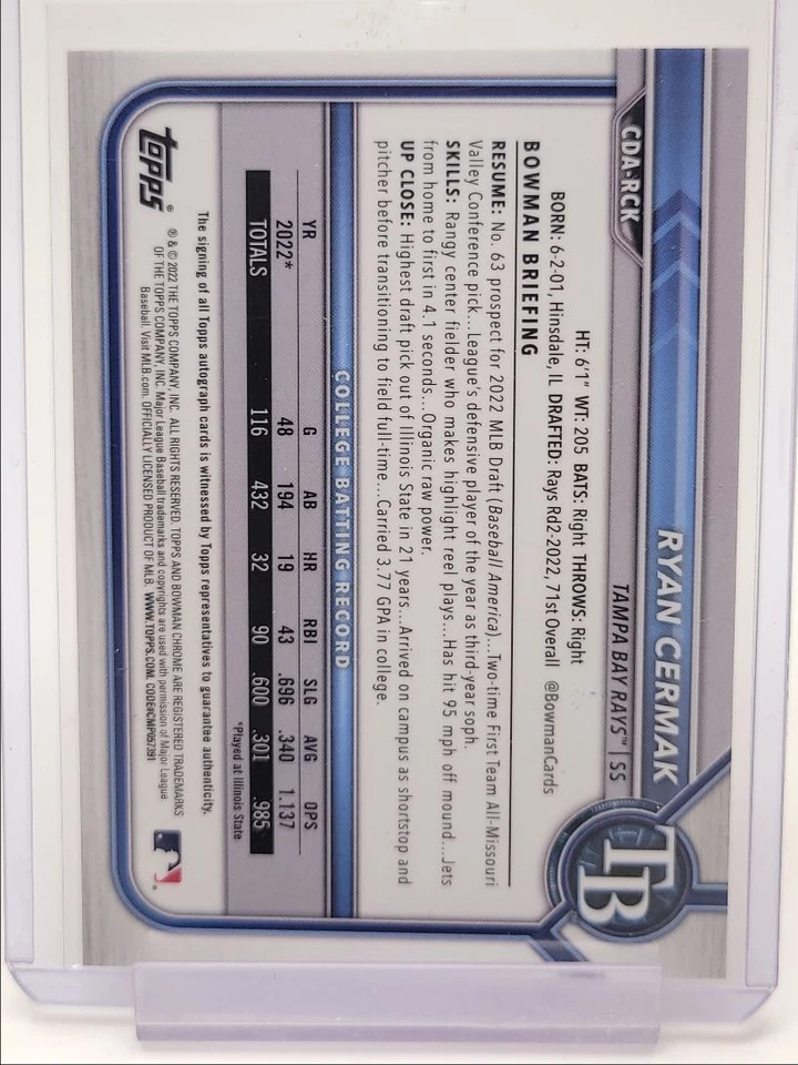 RYAN CERMAK 2022 BOWMAN CHROME DRAFT 1ST RED REFRACTOR AUTO /5 Q4762 - Image 2 of 2