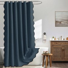 Navy Blue Extra Long Heavy Duty Scalloped Linen Shower Curtain 72x84 Inch