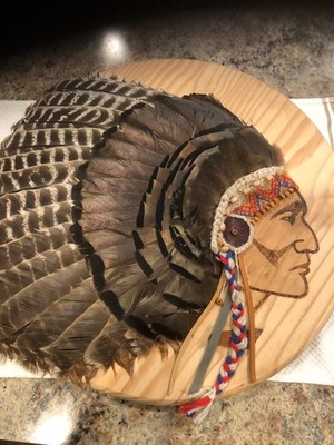 Brave Warrior Native American Indian With Feathers 18'' Wall Hanging Homemade