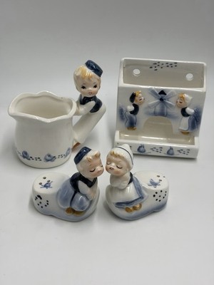 VNTG Lot Enesco Dutch Boy & Girl Delft Creamer Toothpick Match Holder Salt & Pep