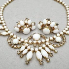 Vintage Milk Glass Necklace Earring Set Rhinestone Gold Tone White Clip On 14"