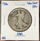 1916 50C Silver Liberty Walking Half Dollar AG Details Damage