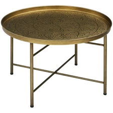 24" Round Coffee Table with Hammered Tray Top, Vintage Metal Center Table for...