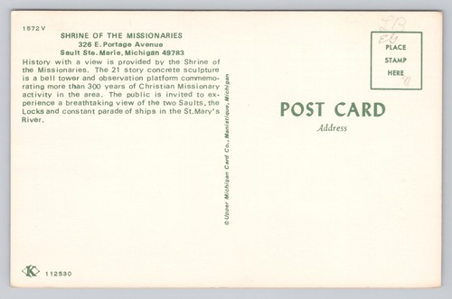 Shrine of The Missionaries Sault Ste Marie Michigan Postcard - Picture 2 of 2
