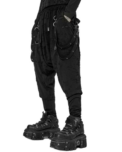 Punk Rave Mens Apocalyptic Punk Broken Knit Drop Crotch Harem Pants - Picture 8 of 13