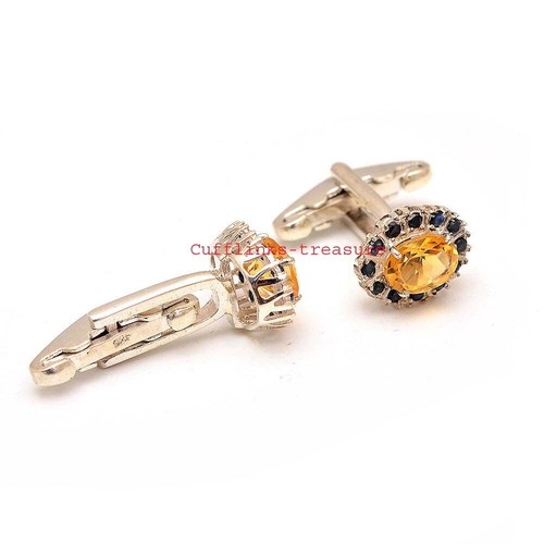 Natural Citrine & Sapphire Gemstones with 925 Sterling Silver Men Cufflinks #397 - Picture 2 of 3