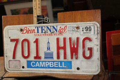 1999 Tennessee License Plate BicenTENNial Campbell County 701 HWG STAINED