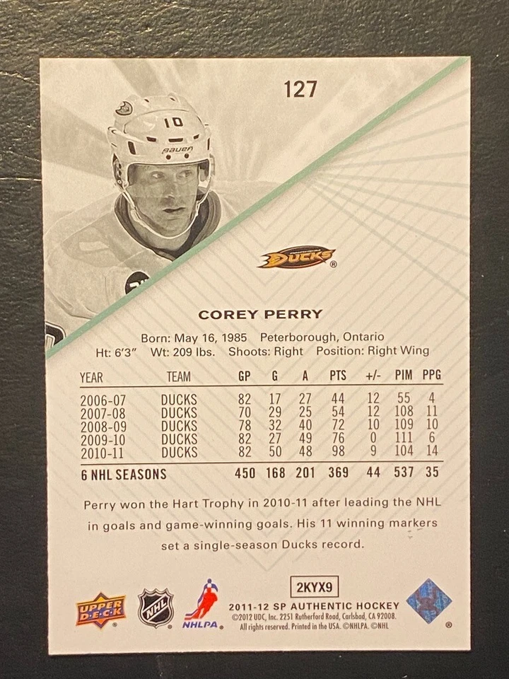 Corey Perry 2011-12 Upper Deck SP Authentic #127 Anaheim Ducks - Image 2 of 2