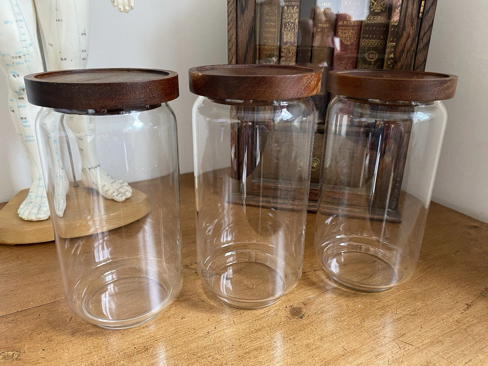 Set of 3 400ml Glass Storage Jars with Wooden Sealed Lids