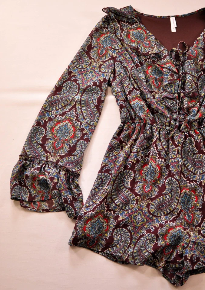 women's xhilaration long sleeve romper dress size X Small brown/blue ruffles new - Image 4 of 4