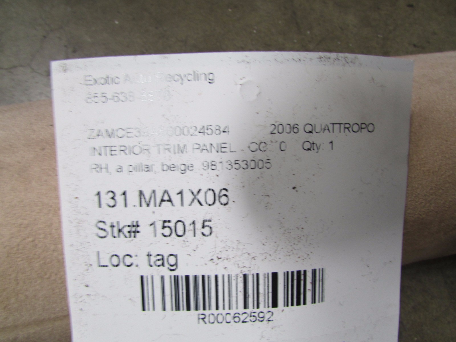 Maserati Quattroporte, RH, Right A Pillar Trim Panel, Beige, Used, P/N 981353005