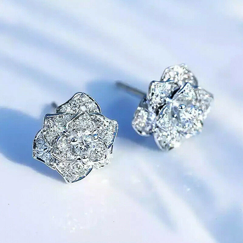 Women Flower Silver Plated Drop Earring Cubic Zircon Wedding Jewelry Gift - Image 4 of 4